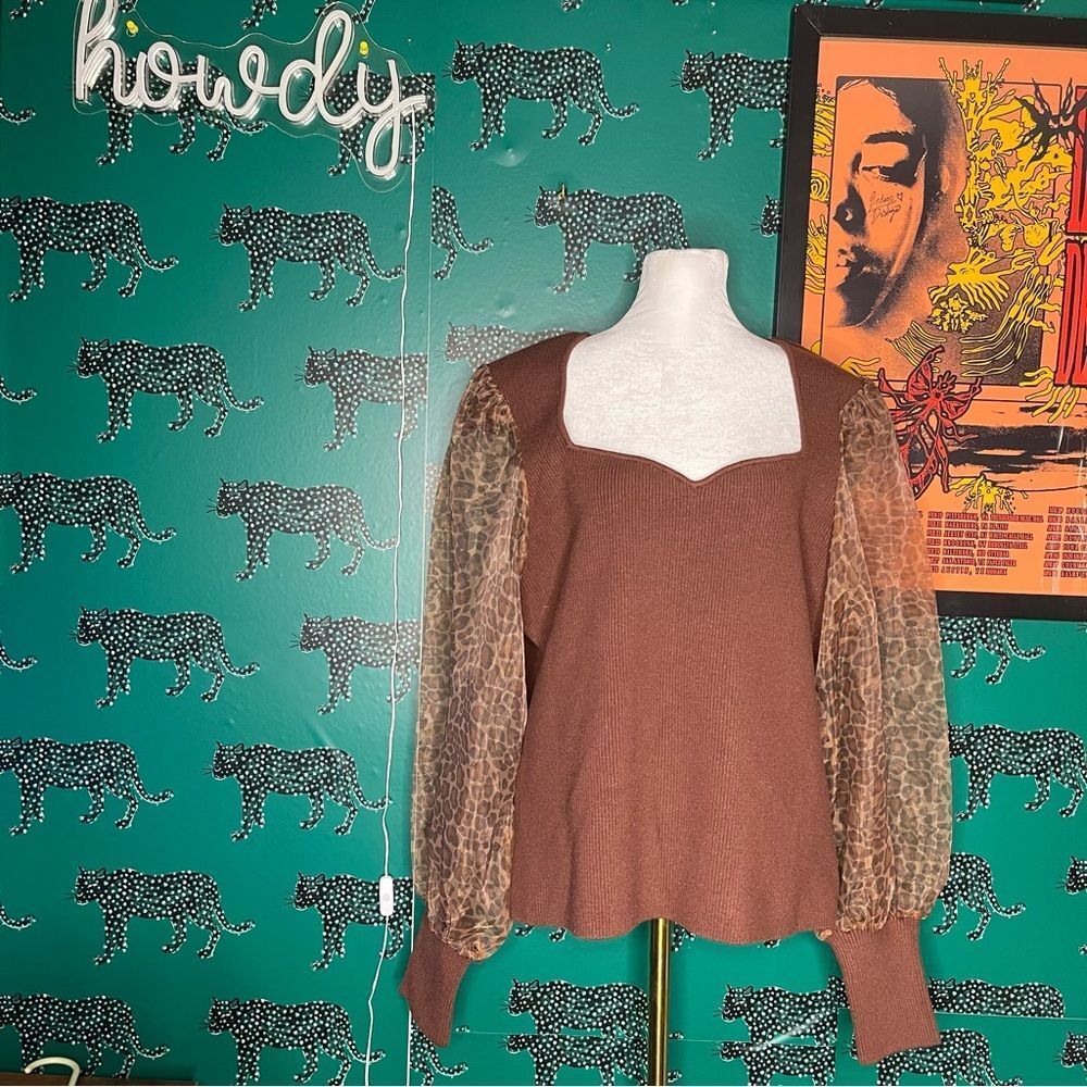 Anthropologie Brown Sweetheart Leopard Sheer Puff Sleeve Ripped Knit 1XL NWT